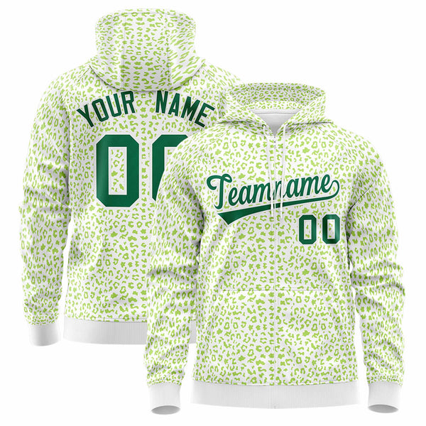Custom White Neon Green Varsity Full-Zip Letterman Leopard Print Jacket Hoodie | BuyFootballJersey