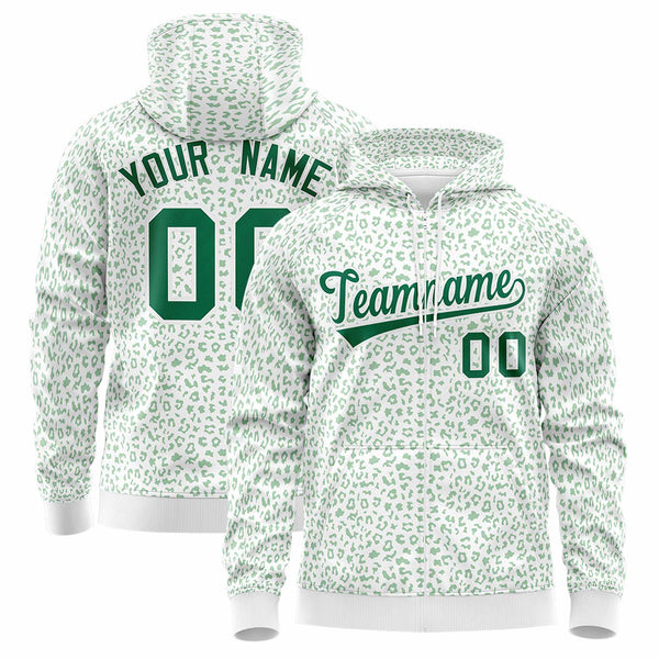 Custom White Kelly Green Varsity Full-Zip Letterman Leopard Print Jacket Hoodie | BuyFootballJersey