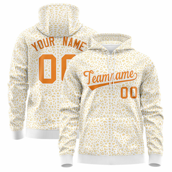 Custom White Orange Varsity Full-Zip Letterman Leopard Print Jacket Hoodie | BuyFootballJersey