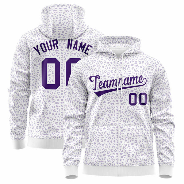 Custom White Purple Varsity Full-Zip Letterman Leopard Print Jacket Hoodie | BuyFootballJersey