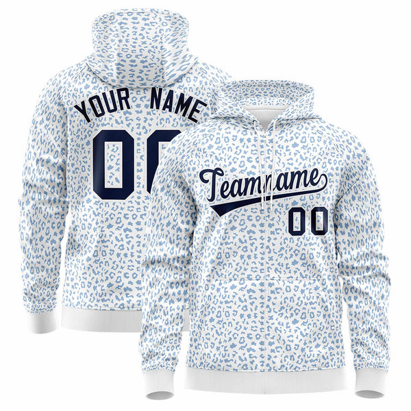 Custom White Light Blue Varsity Full-Zip Letterman Leopard Print Jacket Hoodie | BuyFootballJersey