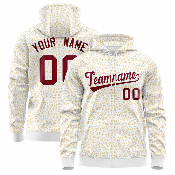 Custom White Khaki Varsity Full-Zip Letterman Leopard Print Jacket Hoodie | BuyFootballJersey