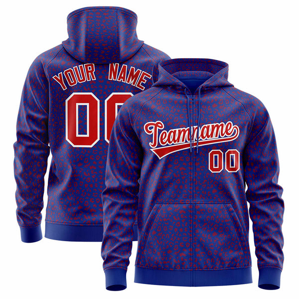Custom Royal Red Varsity Full-Zip Letterman Leopard Print Jacket Hoodie | BuyFootballJersey