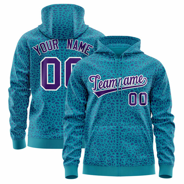 Custom Teal Purple Varsity Full-Zip Letterman Leopard Print Jacket Hoodie | BuyFootballJersey