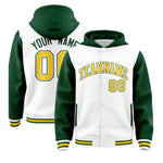 Custom White Green Raglan Sleeves Varsity Full-Snap Letterman Two Tone Jacket Hoodie | BuyFootballJersey