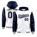Custom White Navy Raglan Sleeves Varsity Full-Snap Letterman Two Tone Jacket Hoodie | BuyFootballJersey