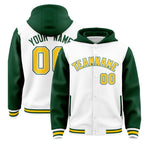 Custom White Green Raglan Sleeves Varsity Full-Snap Letterman Two Tone Jacket Hoodie | BuyFootballJersey