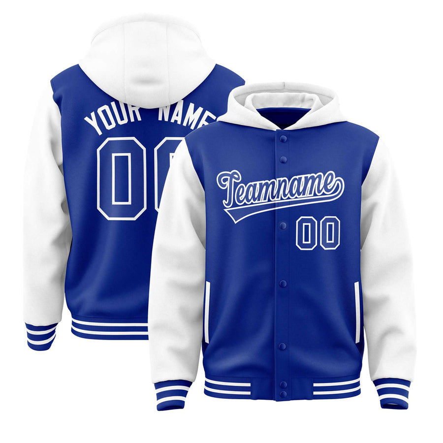 Custom Royal White Raglan Sleeves Varsity Full-Snap Letterman Two Tone Jacket Hoodie | BuyFootballJersey