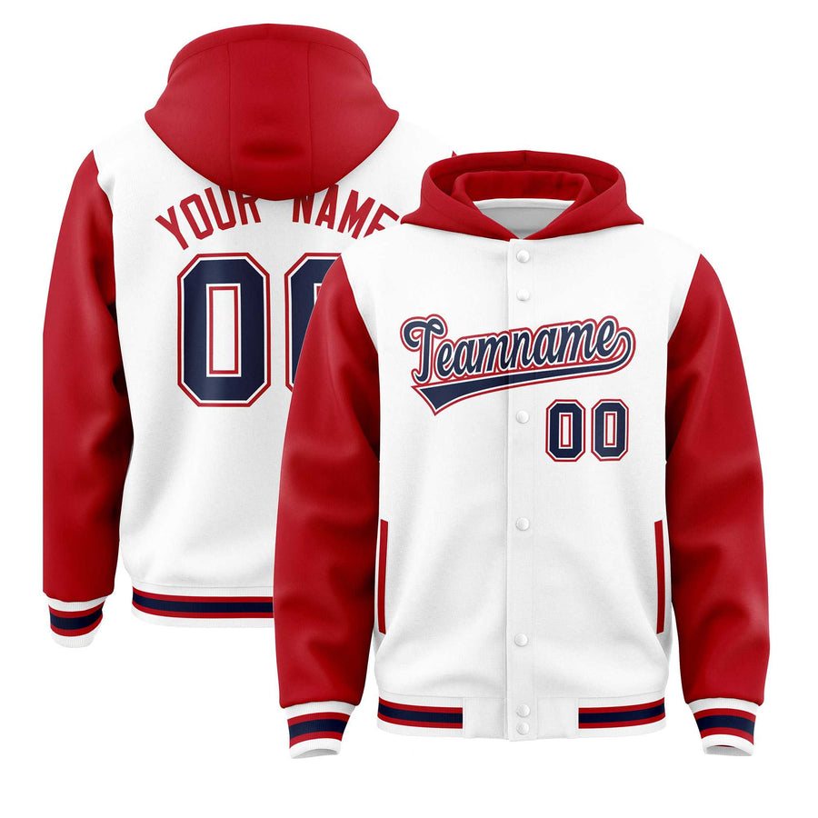 Custom White Red Raglan Sleeves Varsity Full-Snap Letterman Two Tone Jacket Hoodie | BuyFootballJersey