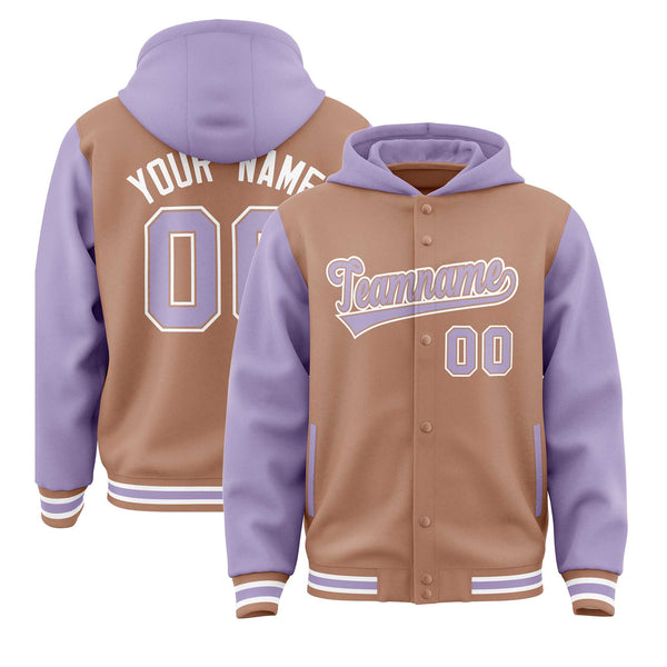 Custom Teabrown Light Purple Raglan Sleeves Varsity Full-Snap Letterman Two Tone Jacket Hoodie | BuyFootballJersey