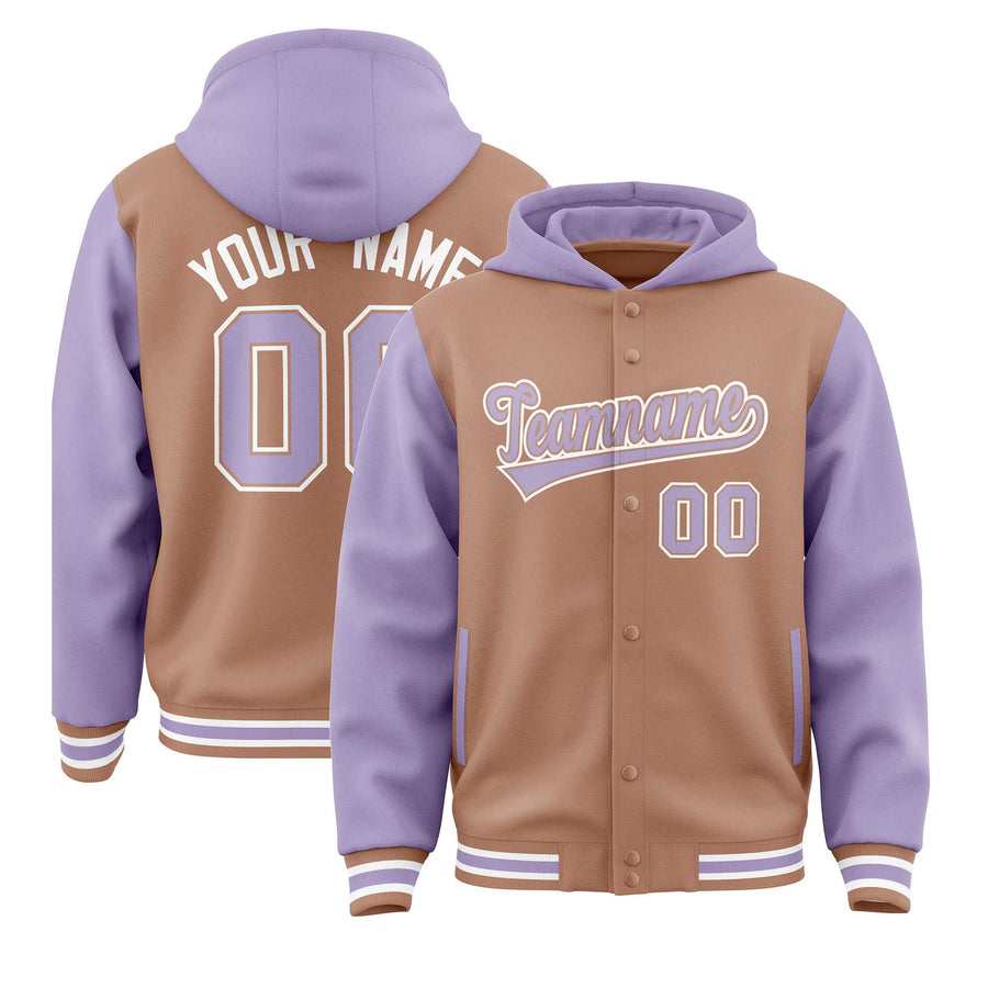 Custom Teabrown Light Purple Raglan Sleeves Varsity Full-Snap Letterman Two Tone Jacket Hoodie | BuyFootballJersey