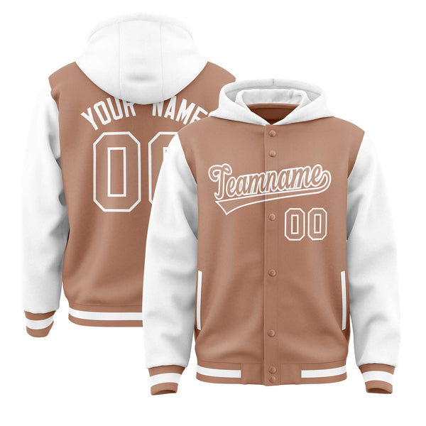 Custom Teabrown White Raglan Sleeves Varsity Full-Snap Letterman Two Tone Jacket Hoodie | BuyFootballJersey