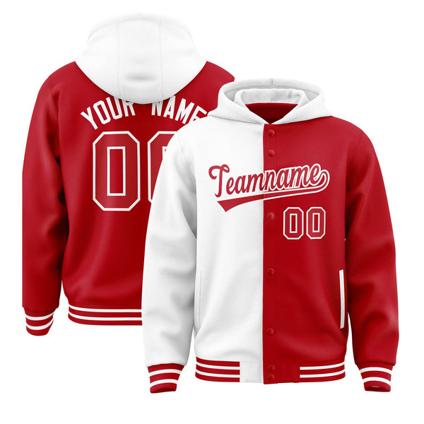 Custom White Red Split Fashion Varsity Full-Snap Letterman Two Tone Jacket Hoodie | BuyFootballJersey