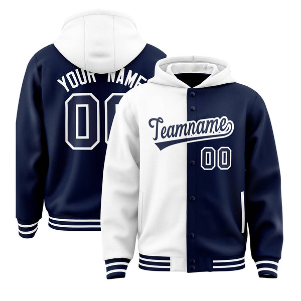 Custom White Navy Split Fashion Varsity Full-Snap Letterman Two Tone Jacket Hoodie | BuyFootballJersey