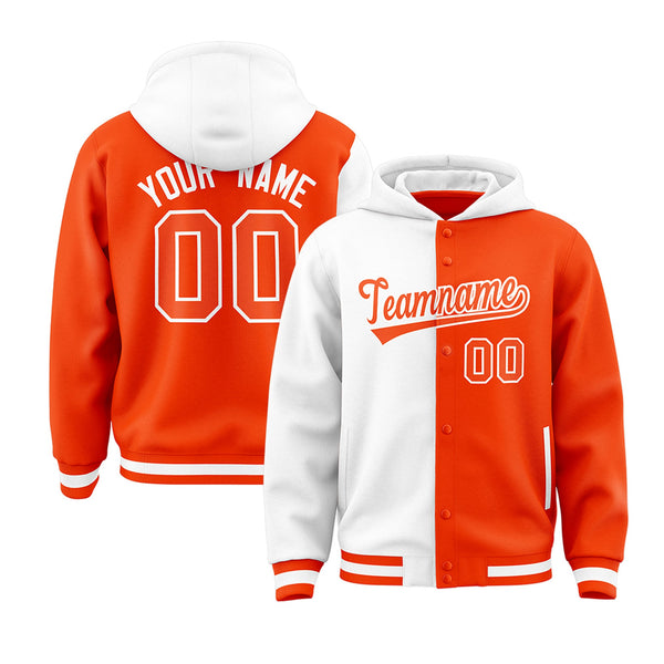 Custom White Orange Split Fashion Varsity Full-Snap Letterman Two Tone Jacket Hoodie | BuyFootballJersey
