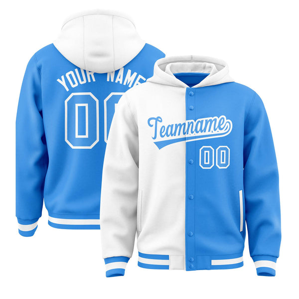 Custom White Powder Blue Split Fashion Varsity Full-Snap Letterman Two Tone Jacket Hoodie | BuyFootballJersey