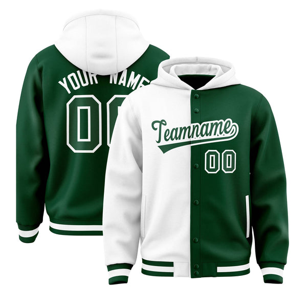 Custom White Green Split Fashion Varsity Full-Snap Letterman Two Tone Jacket Hoodie | BuyFootballJersey