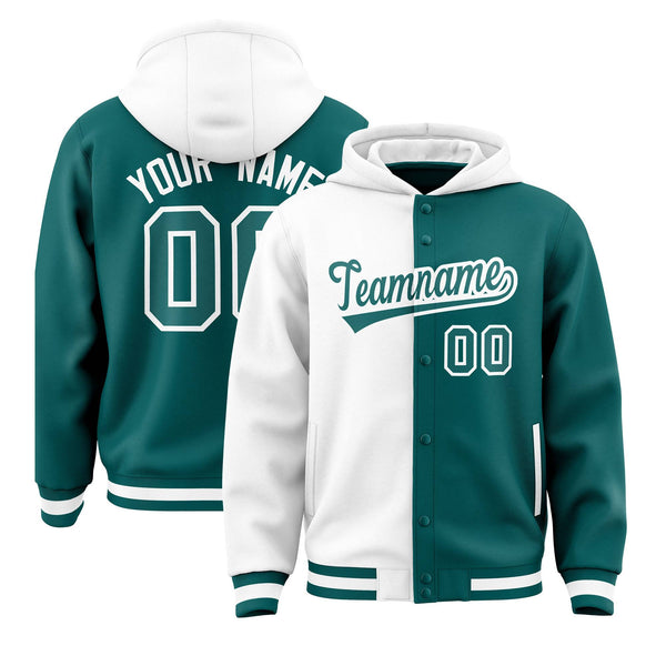 Custom White Aqua Split Fashion Varsity Full-Snap Letterman Two Tone Jacket Hoodie | BuyFootballJersey