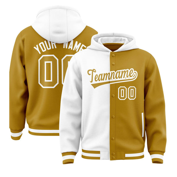 Custom White Old Gold Split Fashion Varsity Full-Snap Letterman Two Tone Jacket Hoodie | BuyFootballJersey