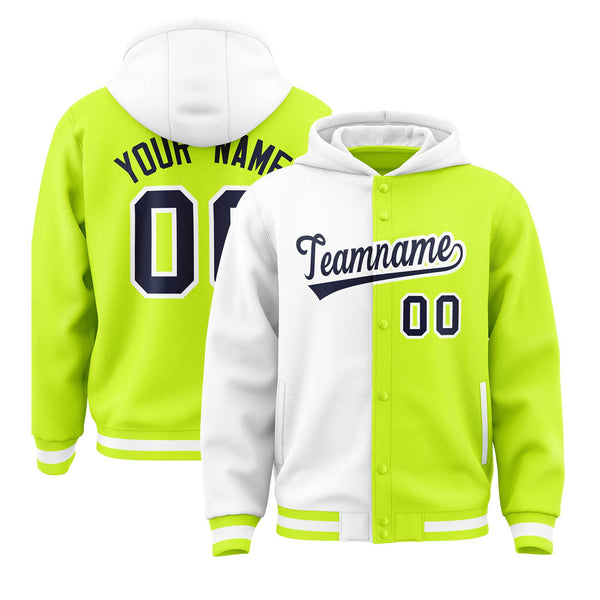 Custom White Neon Green Split Fashion Varsity Full-Snap Letterman Two Tone Jacket Hoodie | BuyFootballJersey