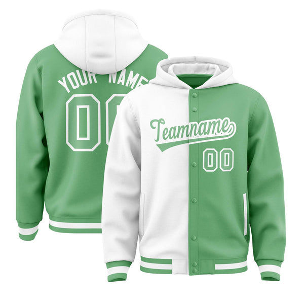 Custom White Green Split Fashion Varsity Full-Snap Letterman Two Tone Jacket Hoodie | BuyFootballJersey