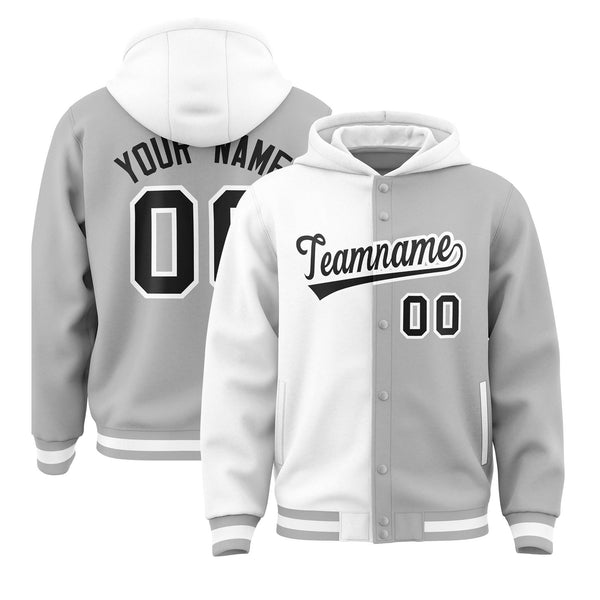 Custom White Gray Split Fashion Varsity Full-Snap Letterman Two Tone Jacket Hoodie | BuyFootballJersey