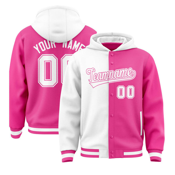 Custom White Pink Split Fashion Varsity Full-Snap Letterman Two Tone Jacket Hoodie | BuyFootballJersey
