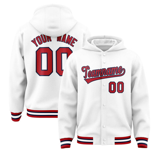 Custom White Red-Navy Varsity Full-Snap Letterman Classic Jacket Hoodie | BuyFootballJersey