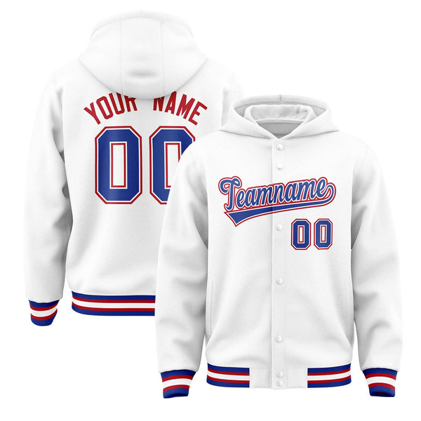 Custom White Royal-White Varsity Full-Snap Letterman Classic Jacket Hoodie | BuyFootballJersey