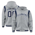 Custom Silver Navy Varsity Full-Snap Letterman Shoulder Color Block Jacket Hoodie | BuyFootballJersey