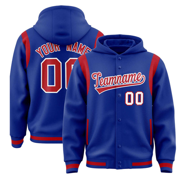 Custom Royal Red Varsity Full-Snap Letterman Shoulder Color Block Jacket Hoodie | BuyFootballJersey
