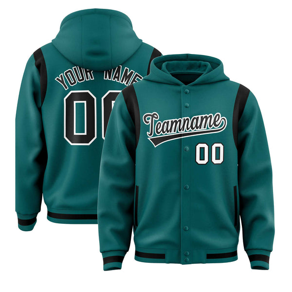 Custom Aqua Black Varsity Full-Snap Letterman Shoulder Color Block Jacket Hoodie | BuyFootballJersey