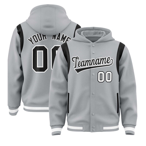 Custom Silver Black Varsity Full-Snap Letterman Shoulder Color Block Jacket Hoodie | BuyFootballJersey