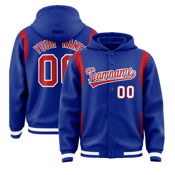 Custom Royal Red Varsity Full-Snap Letterman Shoulder Color Block Jacket Hoodie | BuyFootballJersey