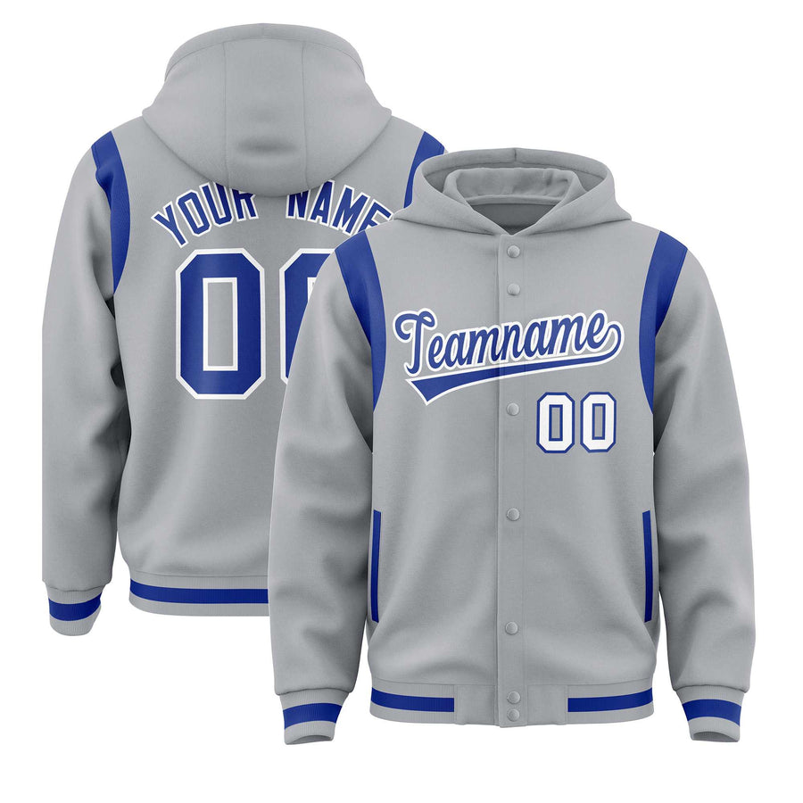 Custom Silver Royal Varsity Full-Snap Letterman Shoulder Color Block Jacket Hoodie | BuyFootballJersey