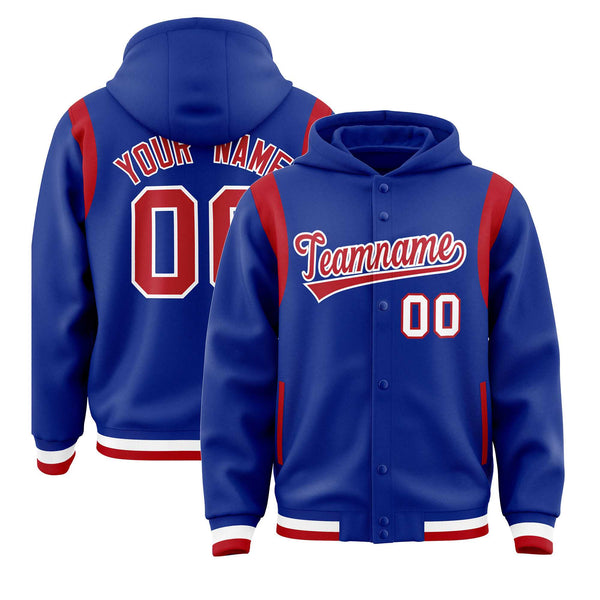 Custom Royal Red Varsity Full-Snap Letterman Shoulder Color Block Jacket Hoodie | BuyFootballJersey