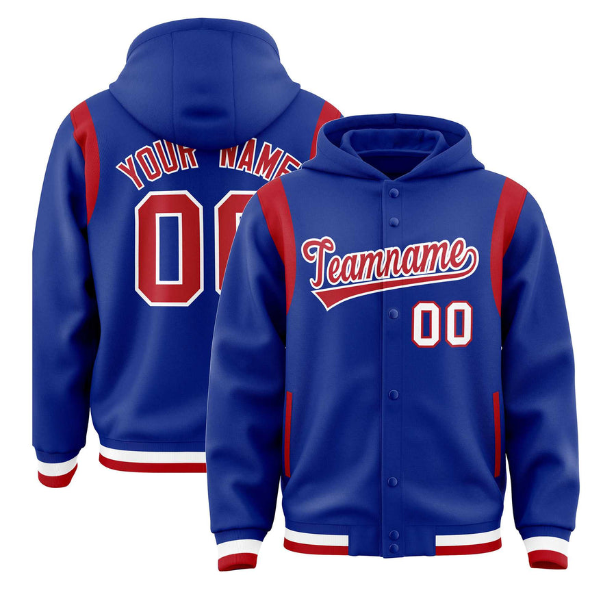 Custom Royal Red Varsity Full-Snap Letterman Shoulder Color Block Jacket Hoodie | BuyFootballJersey