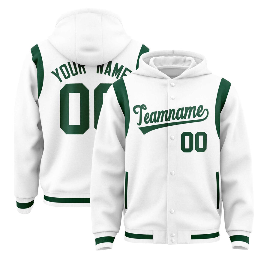 Custom White Green Varsity Full-Snap Letterman Shoulder Color Block Jacket Hoodie | BuyFootballJersey
