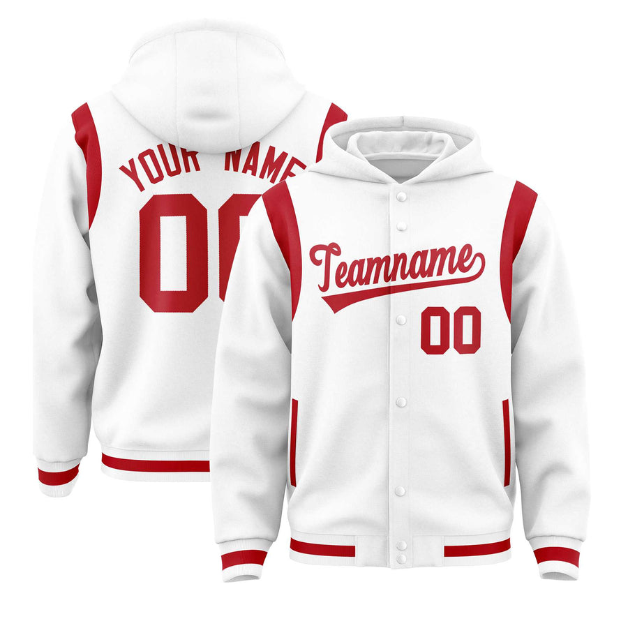 Custom White Red Varsity Full-Snap Letterman Shoulder Color Block Jacket Hoodie | BuyFootballJersey