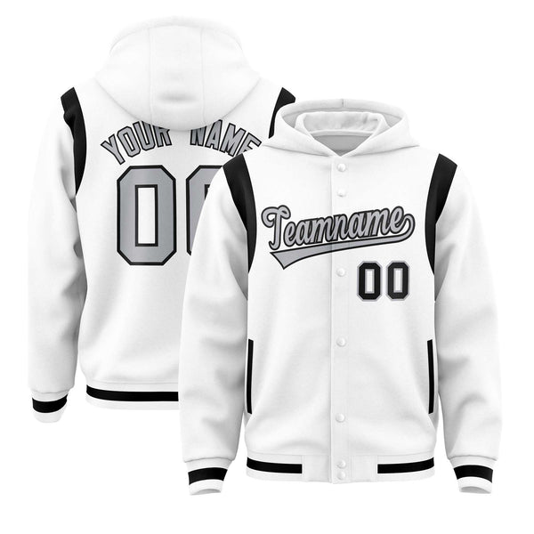 Custom White Silver Varsity Full-Snap Letterman Shoulder Color Block Jacket Hoodie | BuyFootballJersey