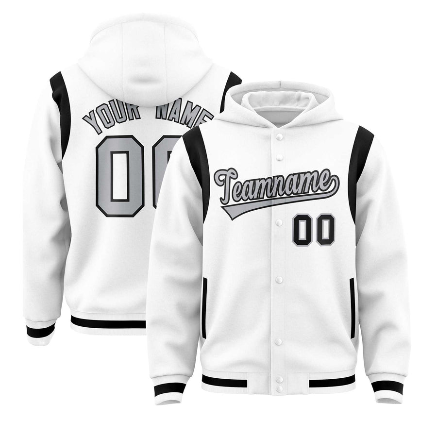 Custom White Silver Varsity Full-Snap Letterman Shoulder Color Block Jacket Hoodie | BuyFootballJersey