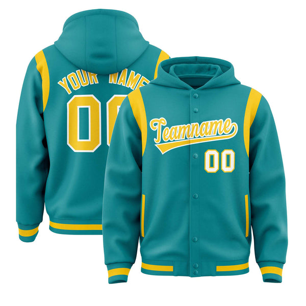 Custom Aqua Gold Varsity Full-Snap Letterman Shoulder Color Block Jacket Hoodie | BuyFootballJersey