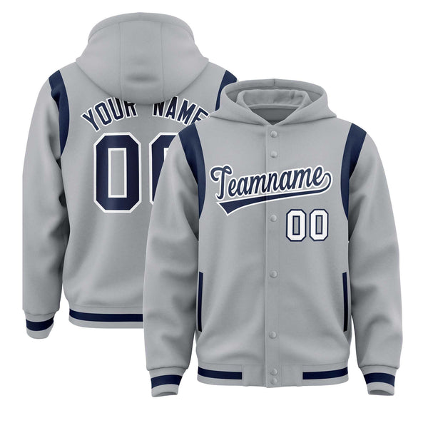 Custom Silver Navy Varsity Full-Snap Letterman Shoulder Color Block Jacket Hoodie | BuyFootballJersey