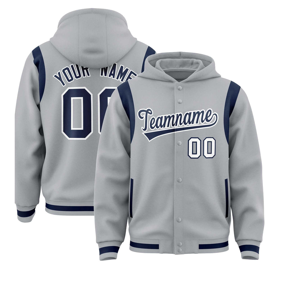 Custom Silver Navy Varsity Full-Snap Letterman Shoulder Color Block Jacket Hoodie | BuyFootballJersey