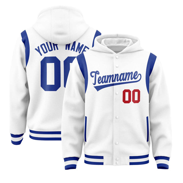 Custom White Royal Varsity Full-Snap Letterman Shoulder Color Block Jacket Hoodie | BuyFootballJersey