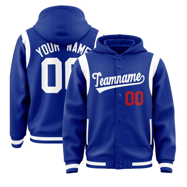 Custom Royal White Varsity Full-Snap Letterman Shoulder Color Block Jacket Hoodie | BuyFootballJersey