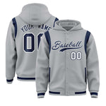 Custom Silver Navy Varsity Full-Snap Letterman Shoulder Color Block Jacket Hoodie | BuyFootballJersey