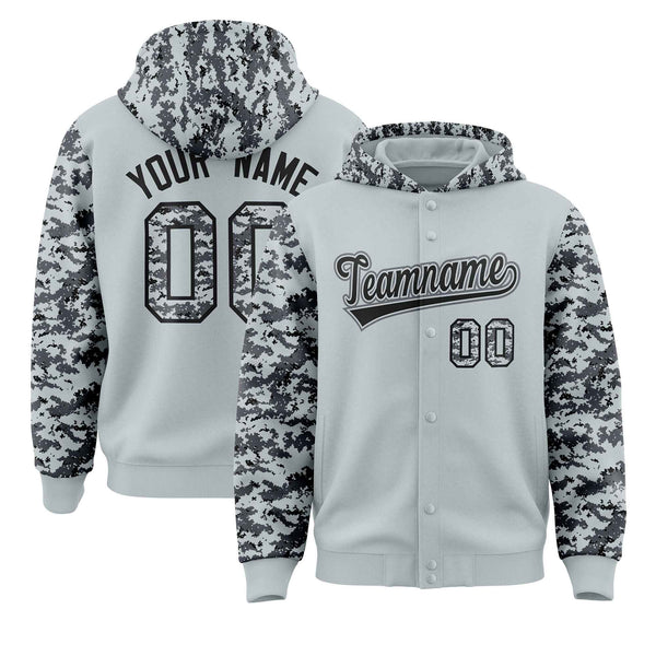 Custom Silver Gray-Black Raglan Sleeves Varsity Full-Snap Letterman Camo Jacket Hoodie | BuyFootballJersey