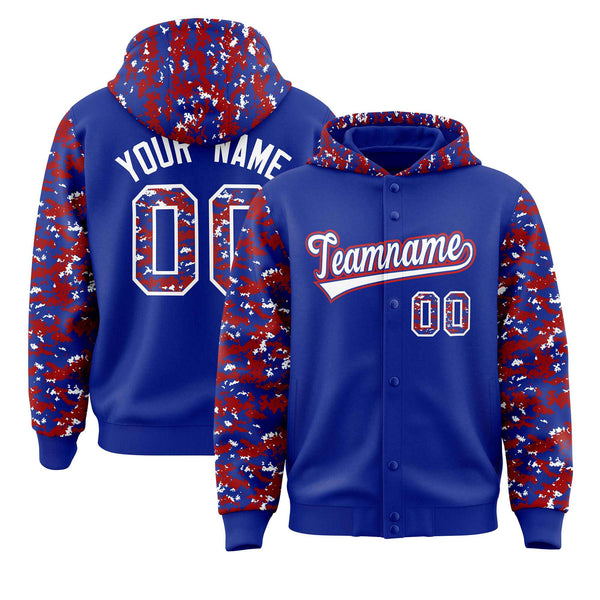 Custom Royal Red-White Raglan Sleeves Varsity Full-Snap Letterman Camo Jacket Hoodie | BuyFootballJersey