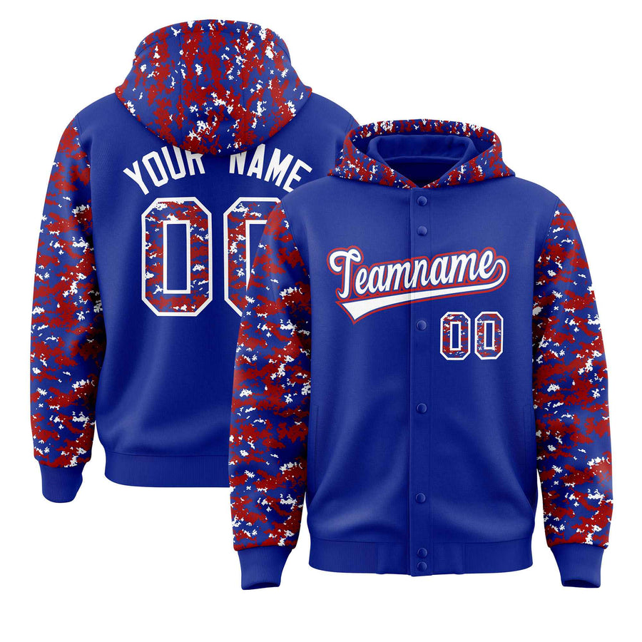 Custom Royal Red-White Raglan Sleeves Varsity Full-Snap Letterman Camo Jacket Hoodie | BuyFootballJersey